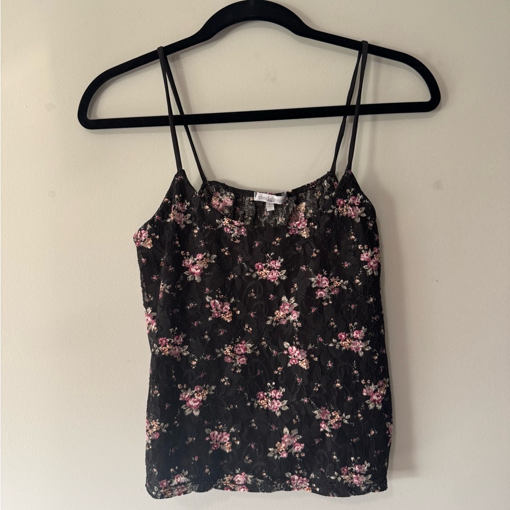 Y2K Charlotte Russe Black Floral Lace‎ Spaghetti Strap Cami Tank Top Size L